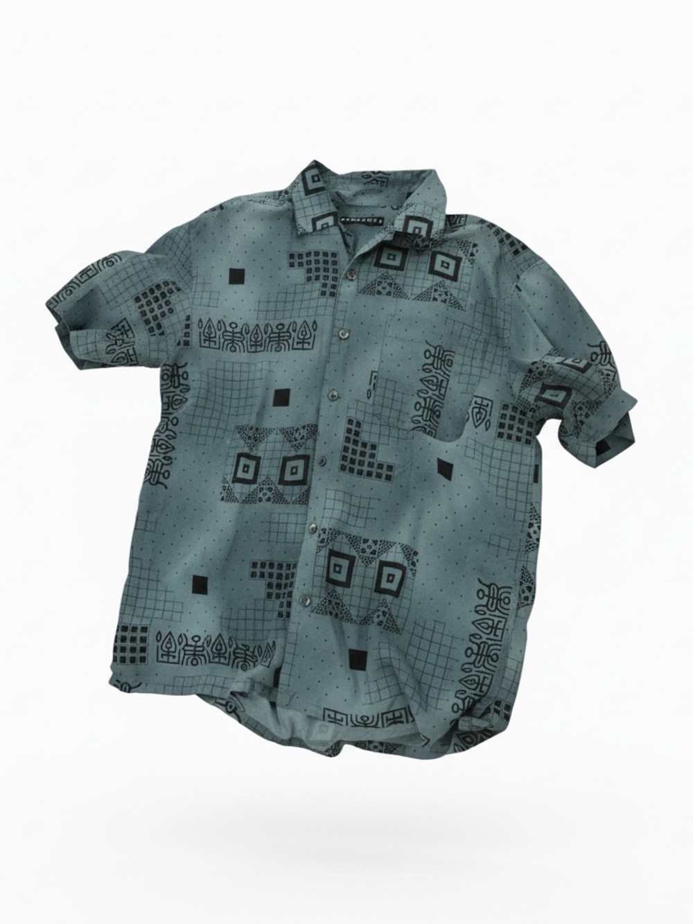 Casual Short-Sleeve Button-Down Silk Shirt in‎ Teal with Geo Print